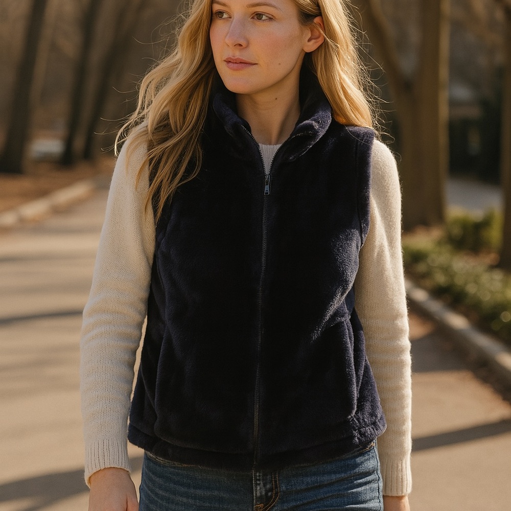 Ideology Navy Fleece Zip Vest XL Runs Small Fits M/L Cozy Lightweight Women